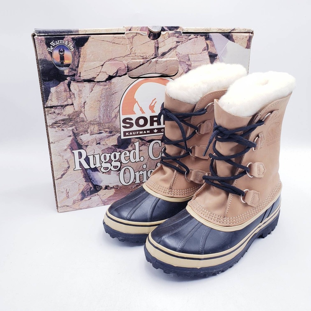 Sorel Caribou Snow Boots Buff Beige Leather Waterproof Winter Mens 7 Womens 9
